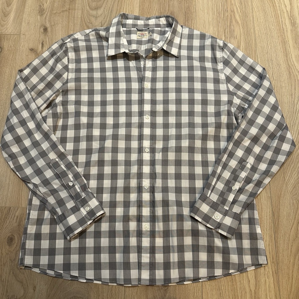 Faherty Men's Performance Shirt Button Up Gray Buffalo Plaid Size XXL EUC Casual